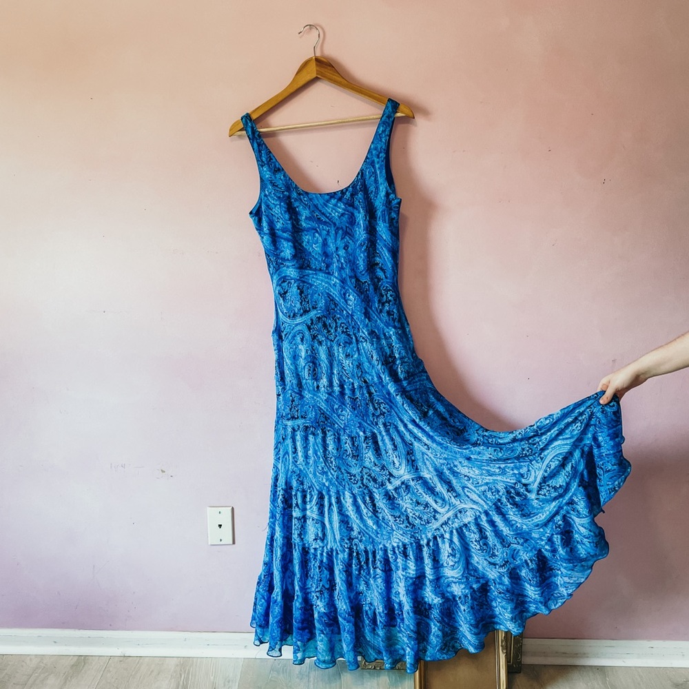 • gypsy boho paisley tiered deep blue maxi dress •